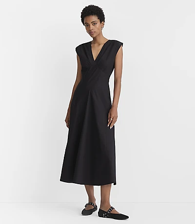 Topstitched Poplin V-Neck Midi Dress