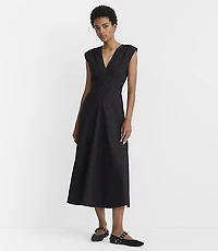 Topstitched Poplin V-Neck Midi Dress