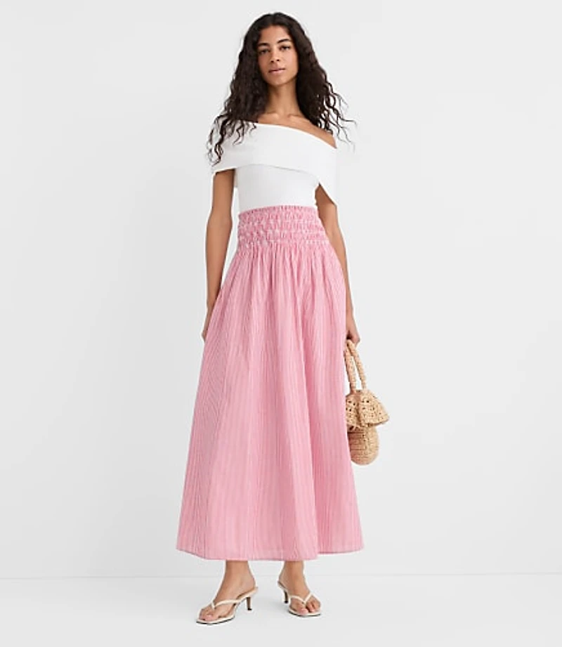 Striped Smocked Midi Skirt