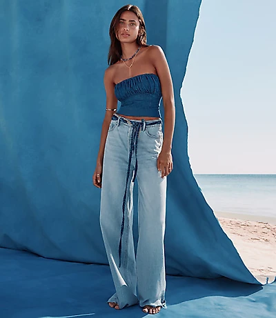 Rivete Petite Fresh Cut High Rise Relaxed Wide Leg Jeans Wave Wash