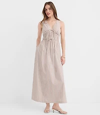 Petite Striped Bow Poplin Midi Pocket Dress