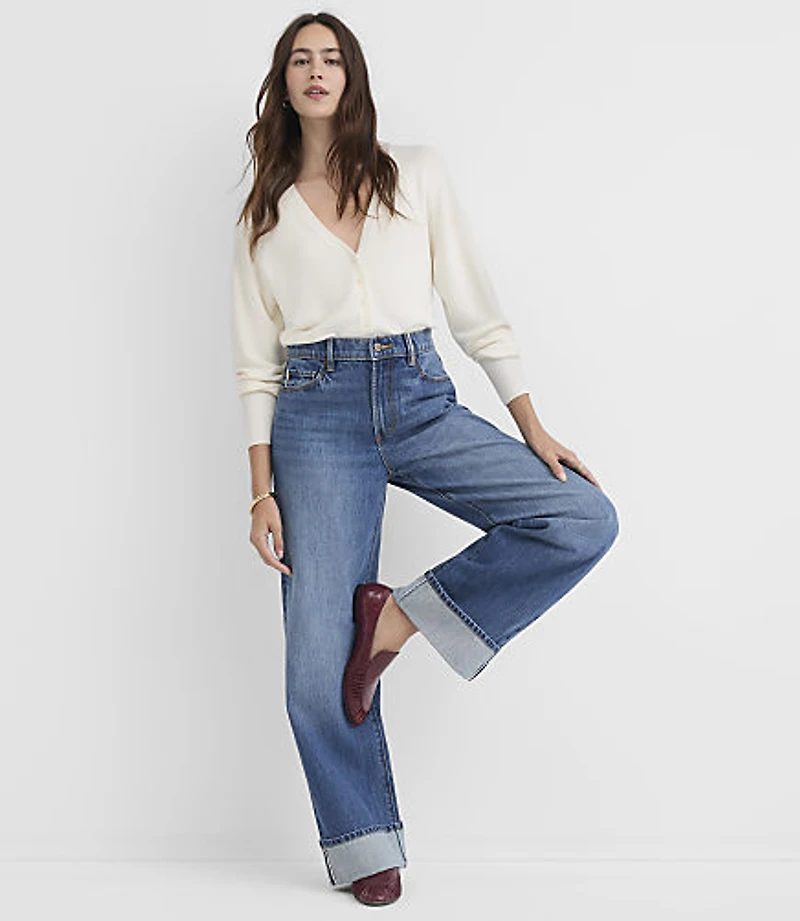 Rivete Selvedge Cuffed High Rise Wide Leg Jeans Medium Stone Wash