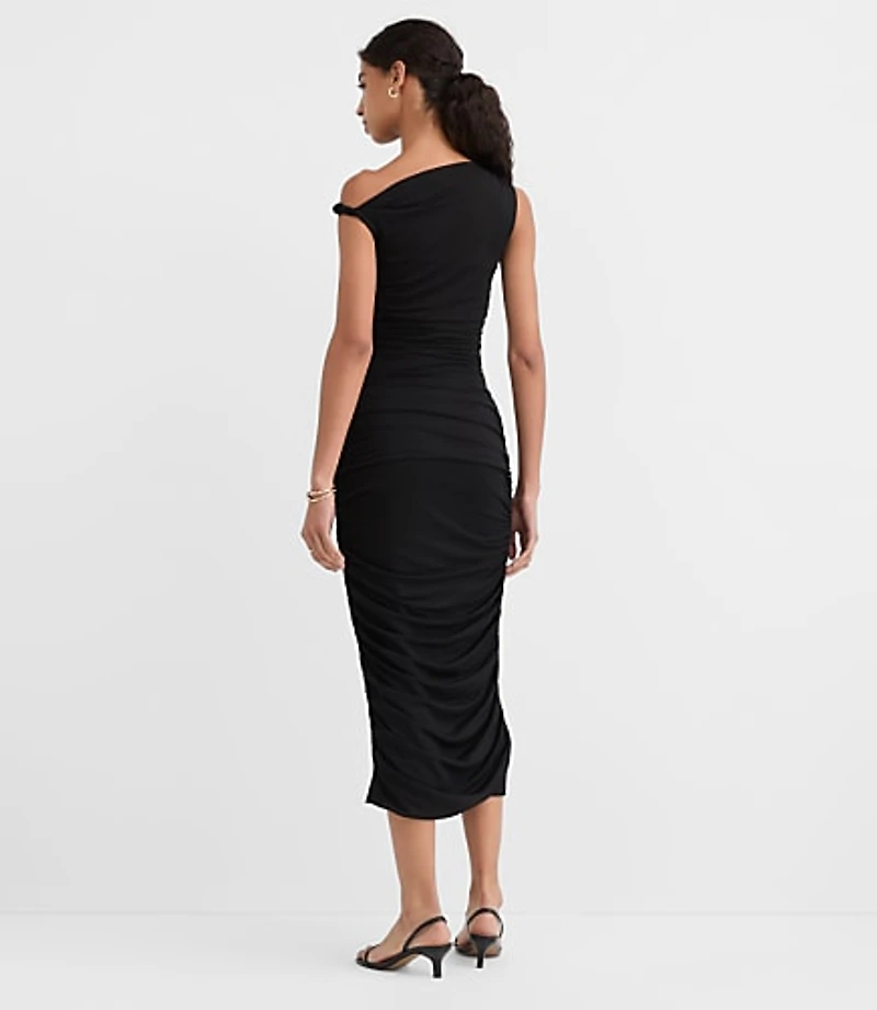 Petite Mesh Ruched One Shoulder Midi Dress
