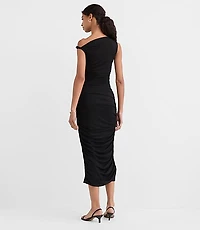 Petite Mesh Ruched One Shoulder Midi Dress