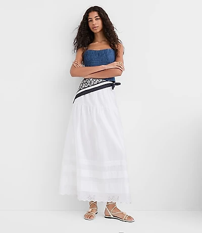 Petite Scalloped Eyelet Pintucked Maxi Skirt