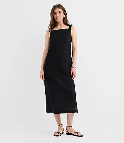 Petite Linen Cotton Tie Boatneck Midi Dress