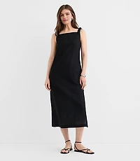 Petite Linen Cotton Tie Boatneck Midi Dress
