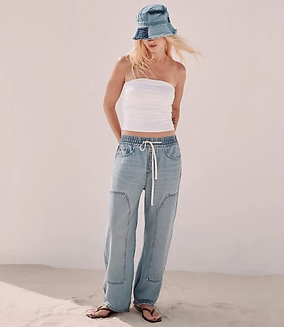 Rivete Petite Utility High Rise Pull On Jeans Light Wash Indigo