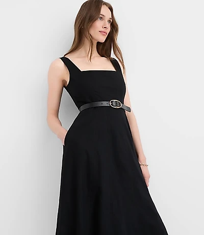 Petite Linen Cotton Seamed Midi Pocket Dress