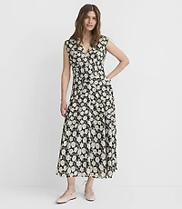 Floral Topstitched V-Neck Midi Dress