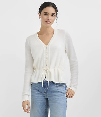 Scalloped Tie Waist V-Neck Sweater
