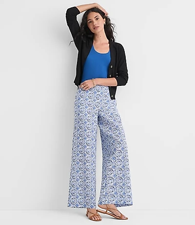 Petite Pull On Wide Leg Pants Mosaic Linen Cotton