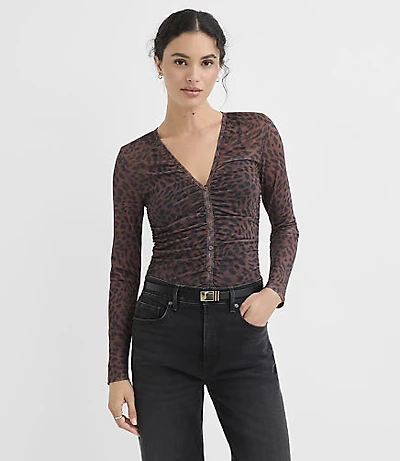 Leopard Print Shirred Mesh Cardigan Top