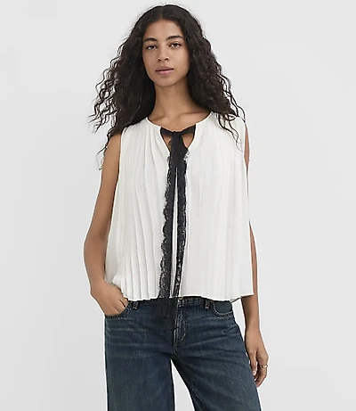 Lace Tie Neck Pleated Shell