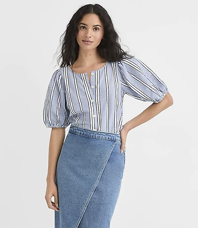 Striped Button Puff Sleeve Top