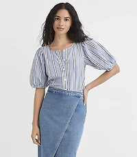 Striped Button Puff Sleeve Top