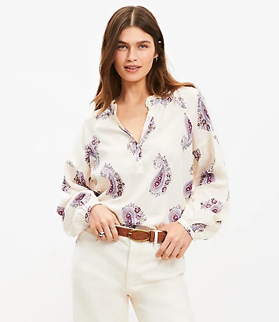 Paisley Draped Sleeve Henley Blouse