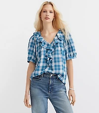 Plaid Pintucked Ruffle Blouse
