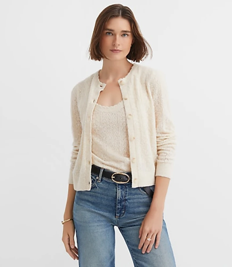 Scalloped Pointelle Puff Sleeve Cardigan