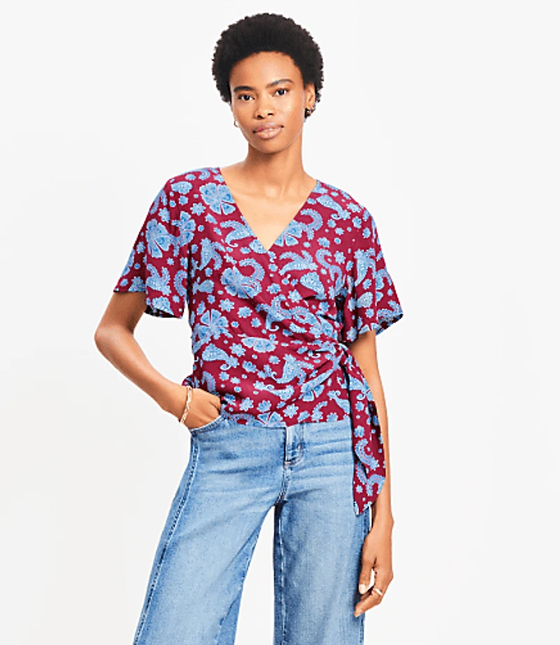 Floral Flutter Sleeve Wrap Blouse