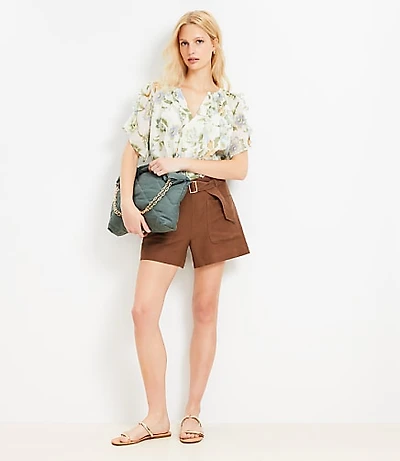 Belted Patch Pocket Shorts in Linen Blend