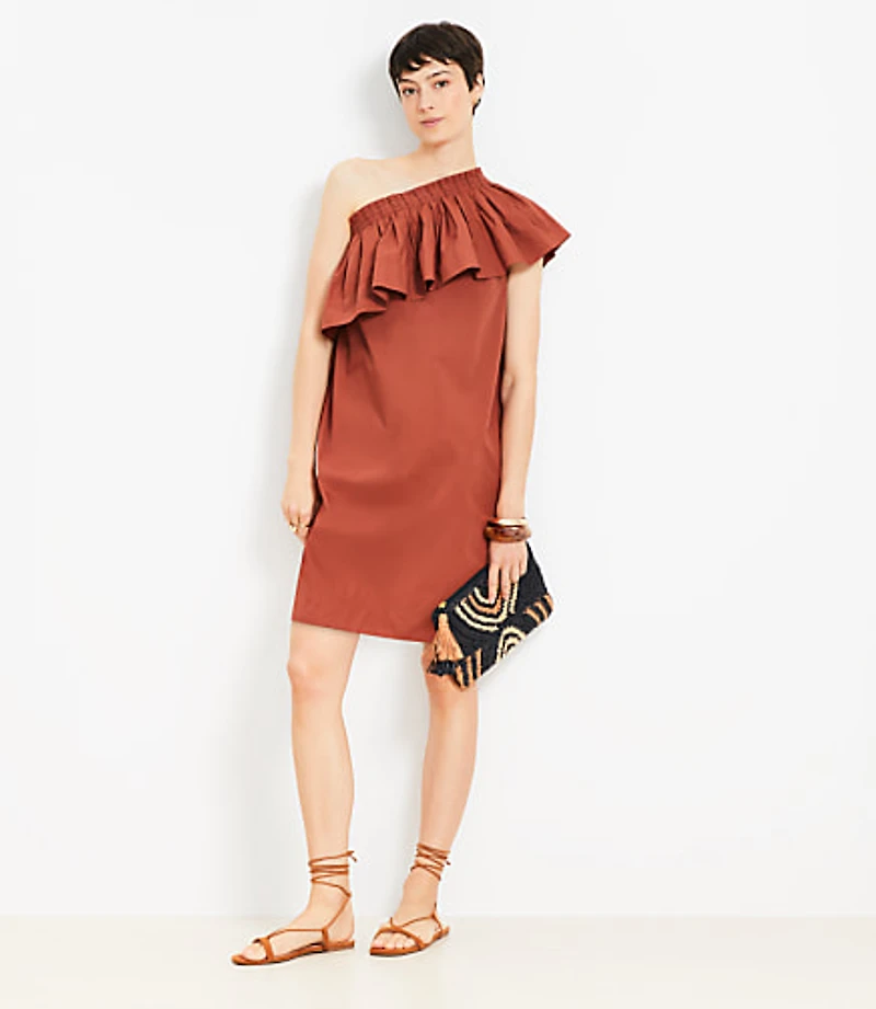 Petite Poplin Ruffle One Shoulder Mini Dress