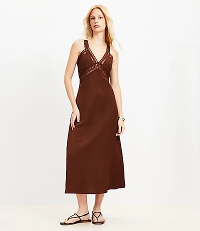 Petite Lace Trim Linen Blend Midi Dress