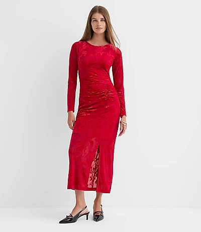 Floral Velvet Ruched Midi Dress