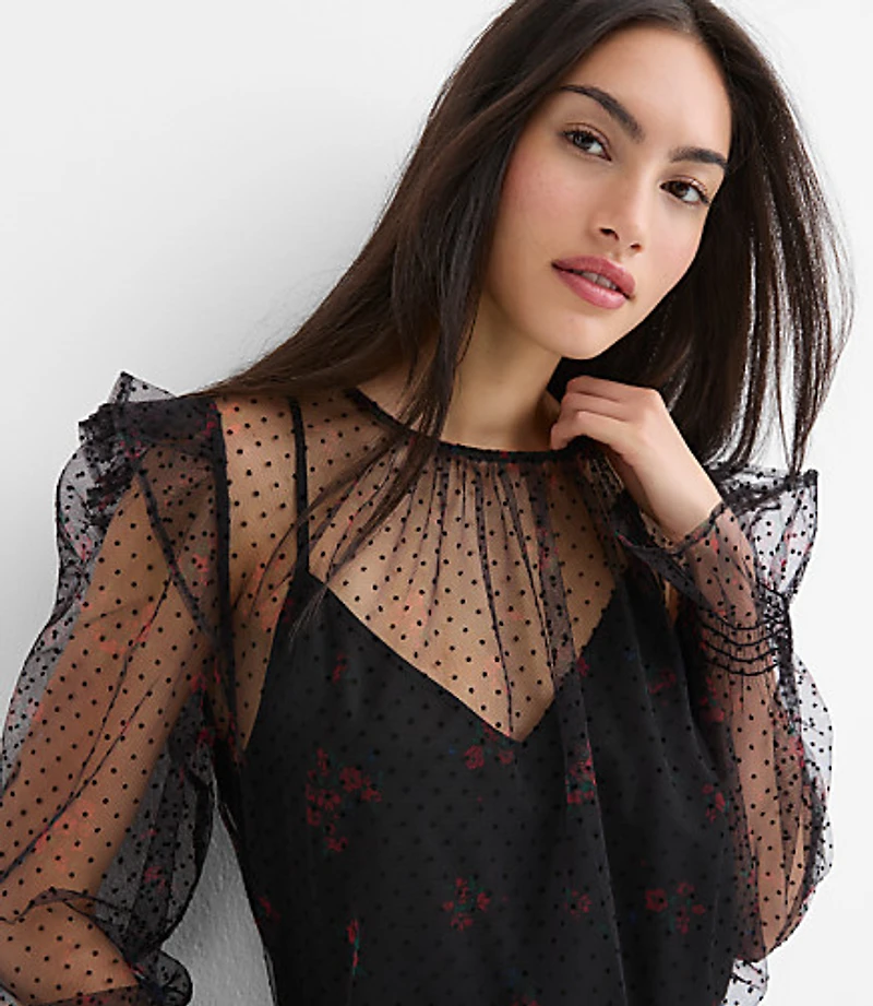 Velvet Dot Tulle Floral Cami Blouse