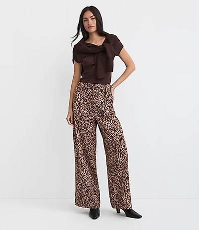 Petite Belted Fluid Pull On Wide Leg Pants Leopard Print