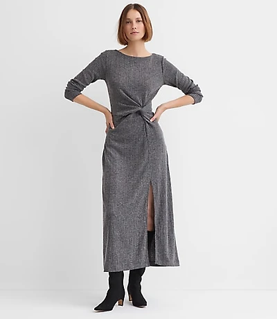 Petite Ribbed Side Twist Midi Dress