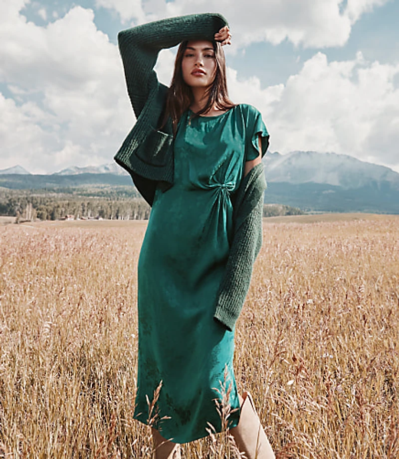 Floral Twist Flutter Sleeve Flare Dress