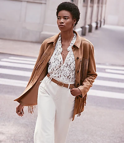 Petite Fringe Faux Suede Shirt Jacket