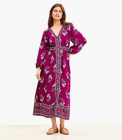 Petite Floral Puff Sleeve Button Midi Dress