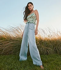 Tie Waist High Rise Palazzo Jeans Light Wash