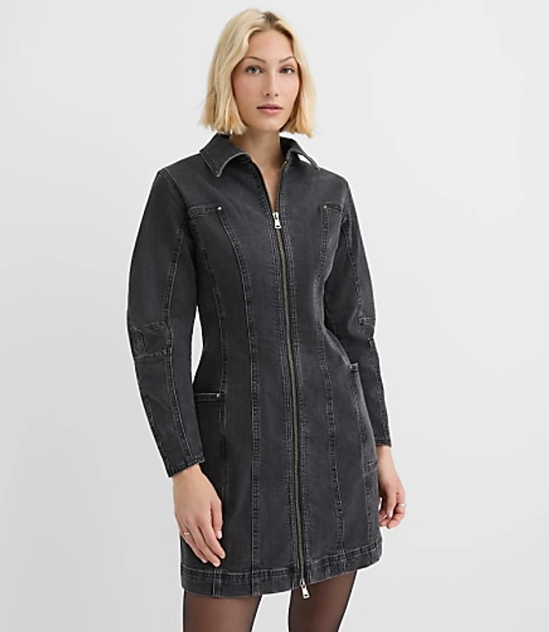 Seamed Denim Zip Mini Pocket Dress Washed Black