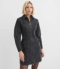 Seamed Denim Zip Mini Pocket Dress Washed Black