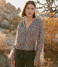 Snake Print Pintucked Bow Blouse