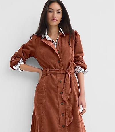 Corduroy Seamed Belted Midi Pocket Dress