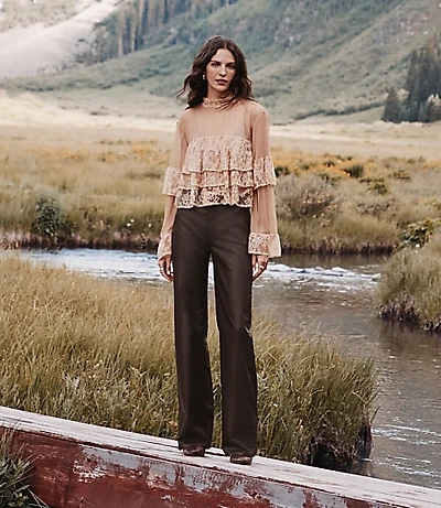 Coated High Rise Wide Leg Jeans Brown
