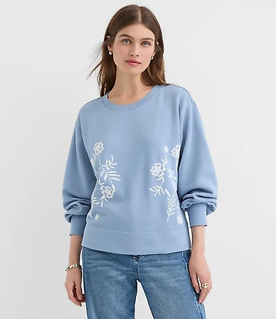 Floral Embroidered Terry Puff Sleeve Sweatshirt
