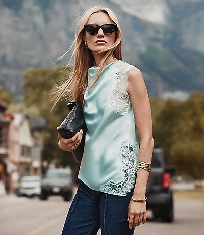 Petite Lace Trim Satin Sleeveless Top