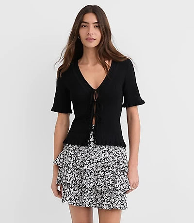 Ruffle Pointelle Bow Cardigan
