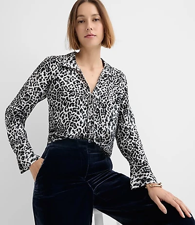 Petite Leopard Print Slit Cuff Tie Neck Blouse