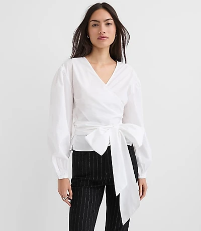 Petite Poplin Bubble Sleeve Wrap Top
