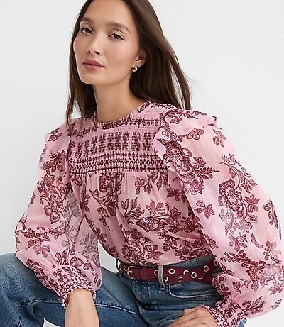 Petite Shimmer Floral Smocked Ruffle Blouse
