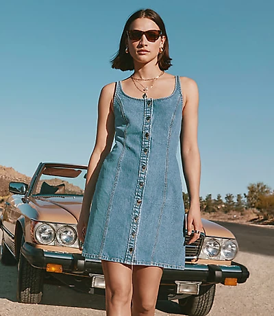 Denim Seamed Button Mini Dress in Classic Mid Wash