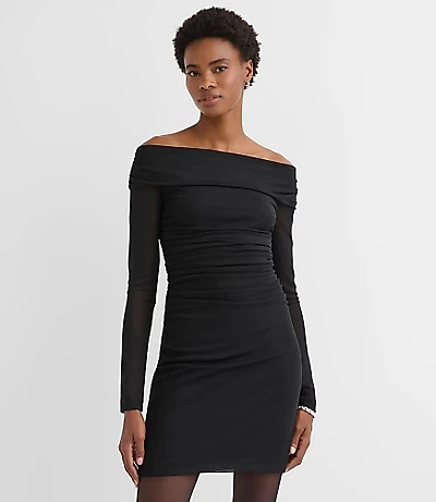 Petite Mesh Ruched Off The Shoulder Mini Dress