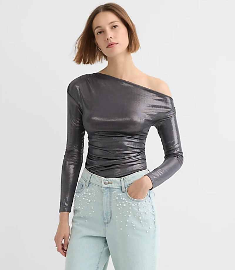 Metallic Asymmetrical Ruched Off The Shoulder Top