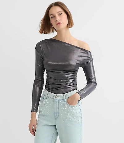 Metallic Asymmetrical Ruched Off The Shoulder Top